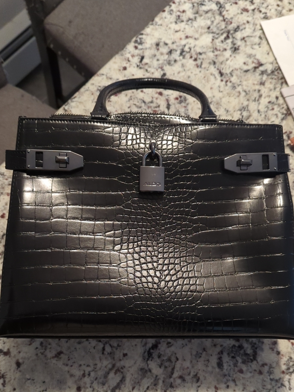 Aldo Black Croc-Embossed Top-Handle Satchel